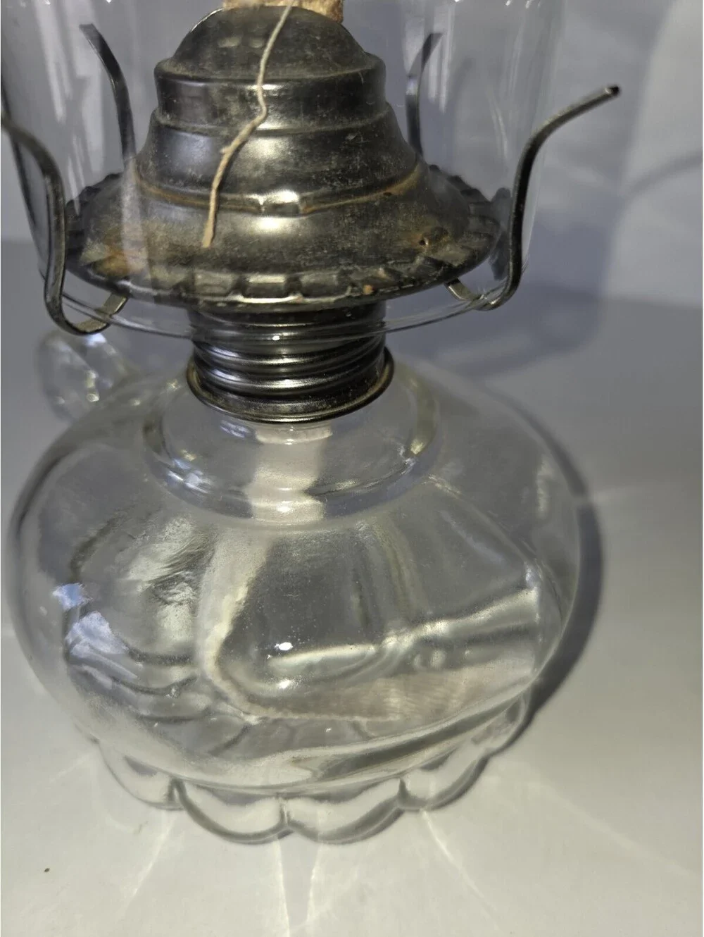 Vintage Lamplight Farms Clear Glass Oil Lamp W/Finger Loop & Scalloped Bottom